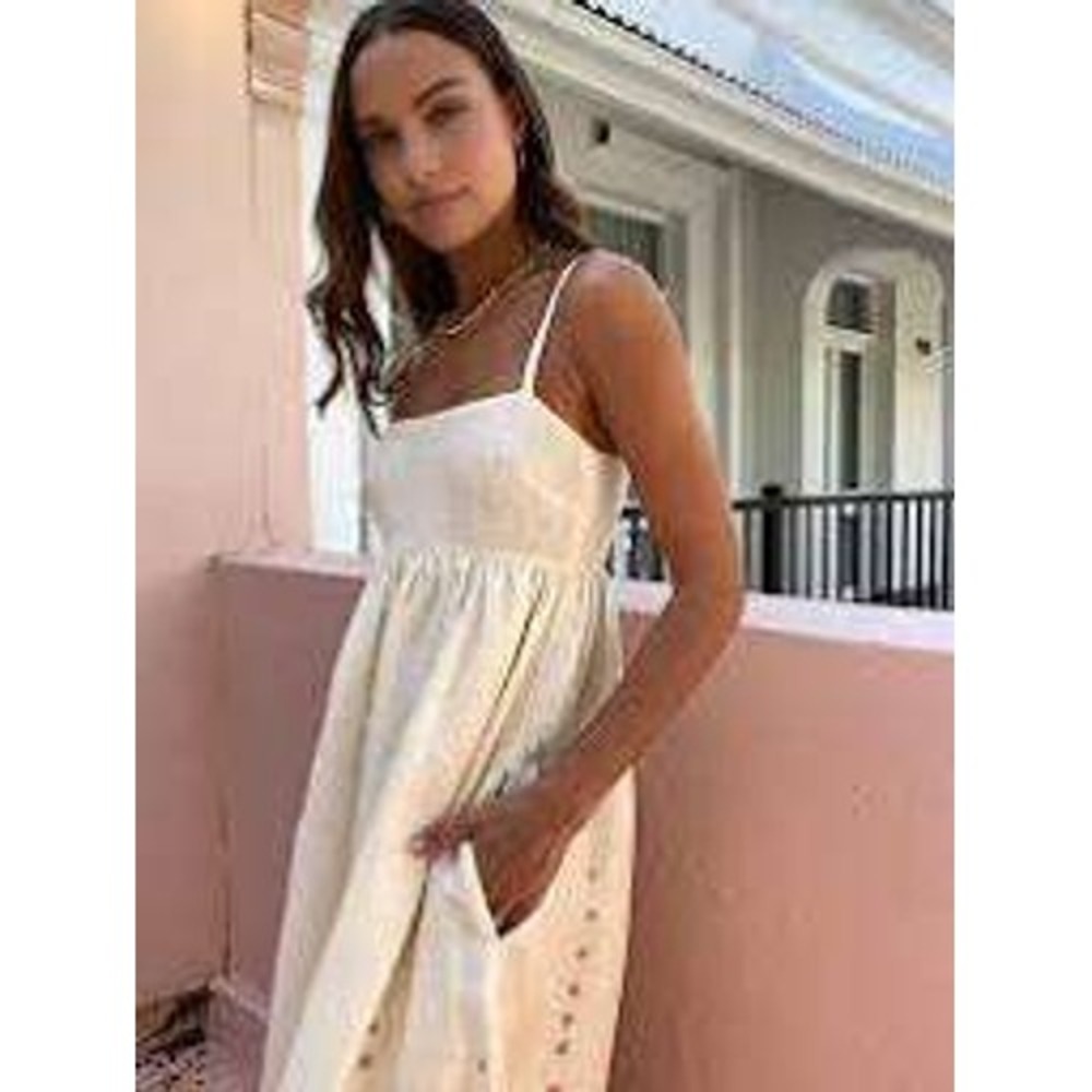 Tree of Life Cream Pink Floral Damask Border Print Linen Maxi Dress Empire Waist - Picture 4 of 12